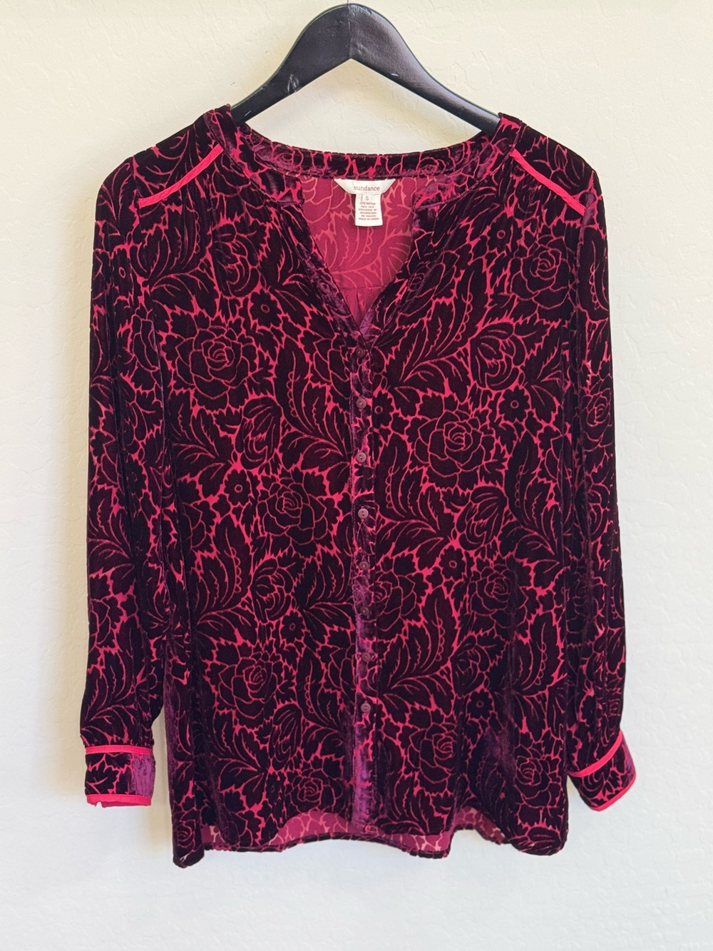 Sundance Silk Blend Velvet Burnout Floral Blouse Rose Burgundy Pink Small S